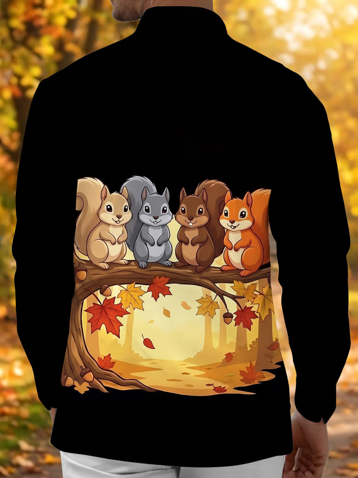 Adaychic Men's Long Sleeve Shirt - Autumn Squirrels On Branch With Leaves And Acorns Print with Chest Pocket