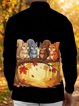 Adaychic Men's Long Sleeve Shirt - Autumn Squirrels On Branch With Leaves And Acorns Print with Chest Pocket