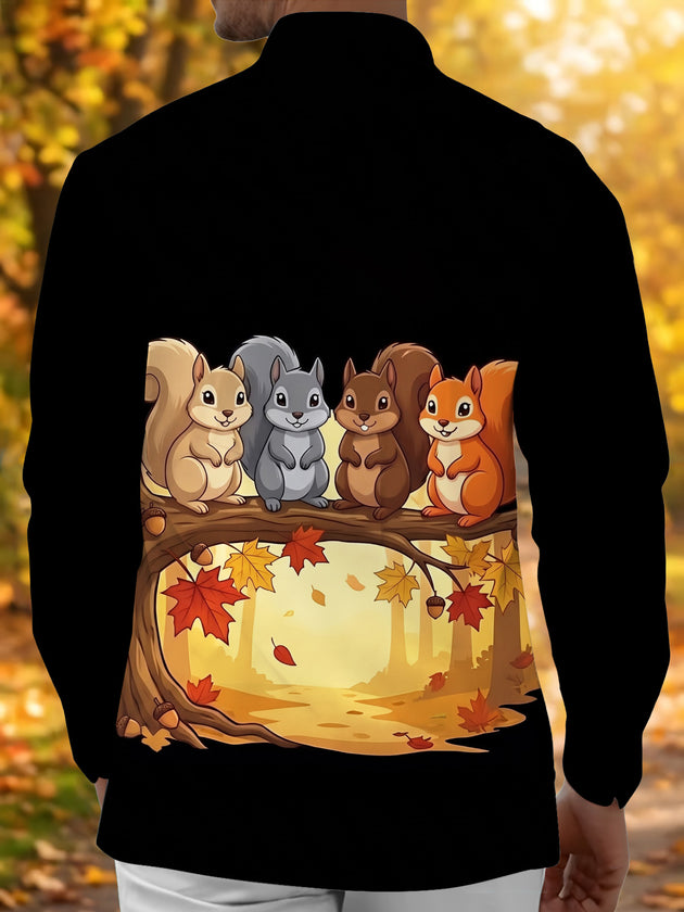 Adaychic Men's Long Sleeve Shirt - Autumn Squirrels On Branch With Leaves And Acorns Print with Chest Pocket