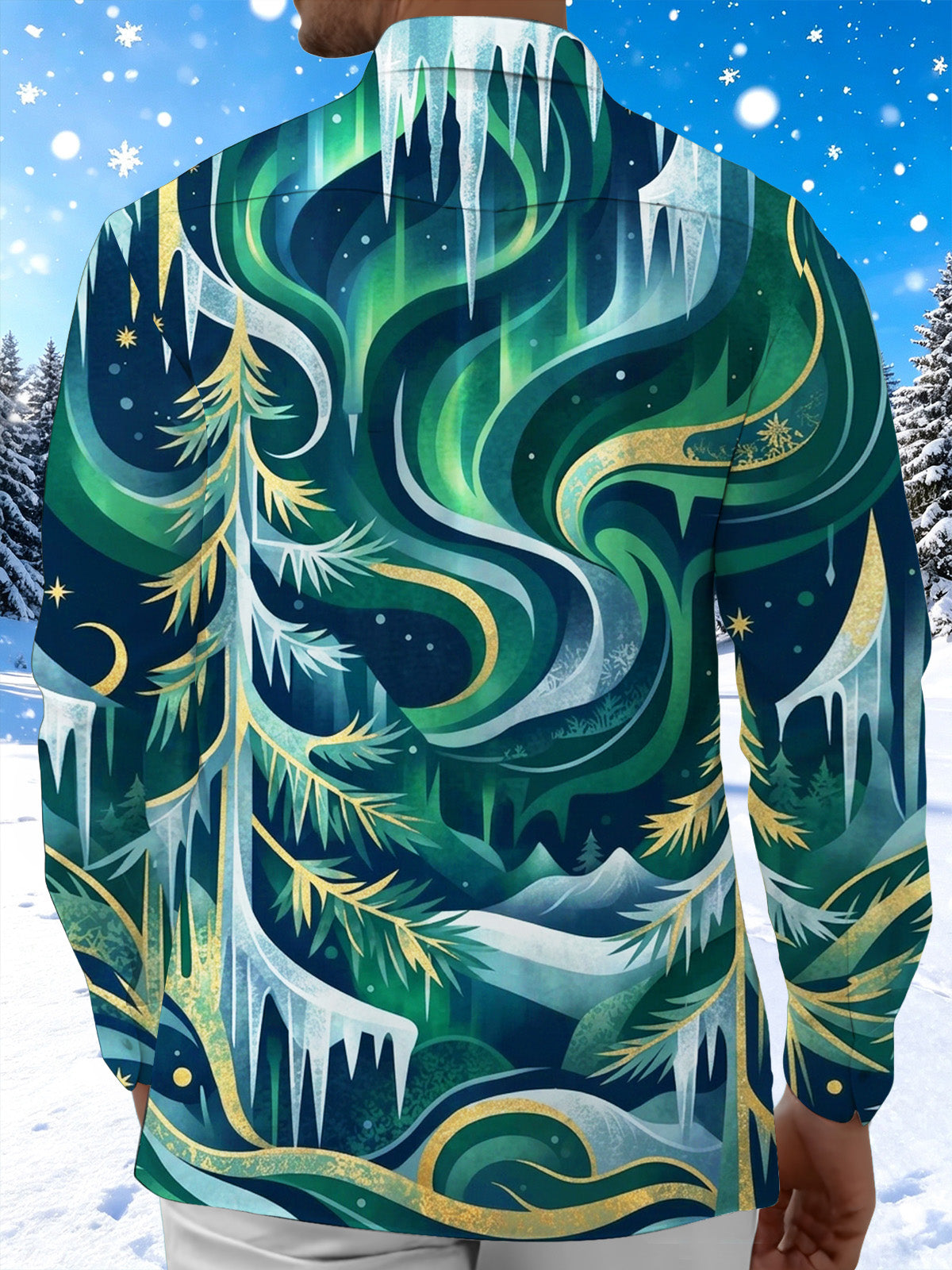 Adaychic Men's Long Sleeve Shirt - Aurora Borealis And Pine Trees With Icicles Print with Chest Pocket