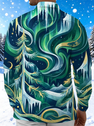 Adaychic Men's Long Sleeve Shirt - Aurora Borealis And Pine Trees With Icicles Print with Chest Pocket