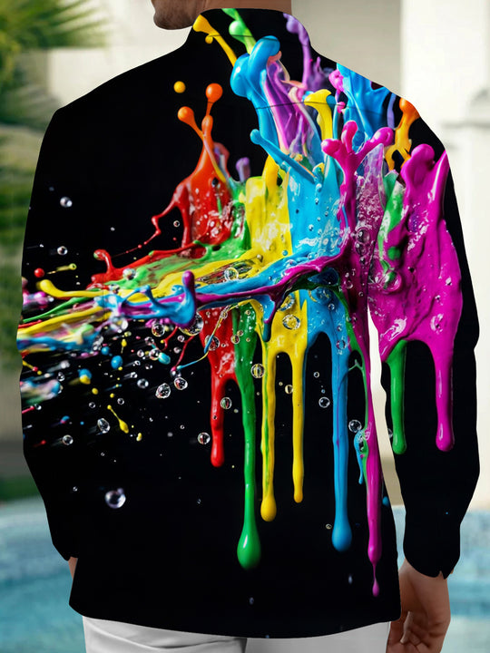 Adaychic Men's Colorful Paint Splashes And Drips Print Long Sleeve Shirt with Chest Pocket