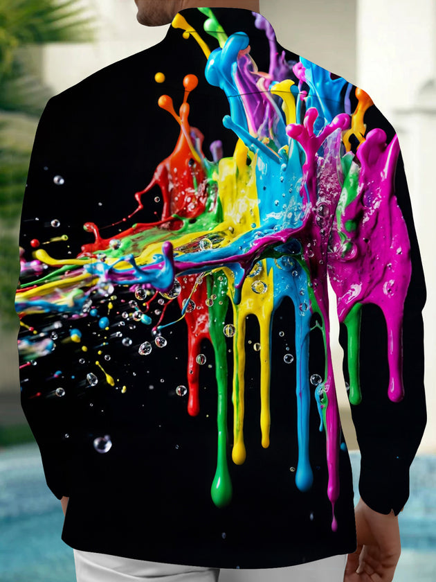 Adaychic Men's Colorful Paint Splashes And Drips Print Long Sleeve Shirt with Chest Pocket