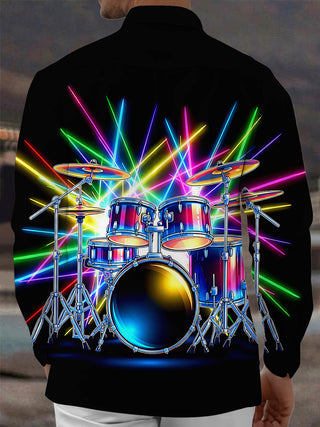 Adaychic Men's Graphic Neon Drum Set Print Long Sleeve Shirt with Chest Pocket