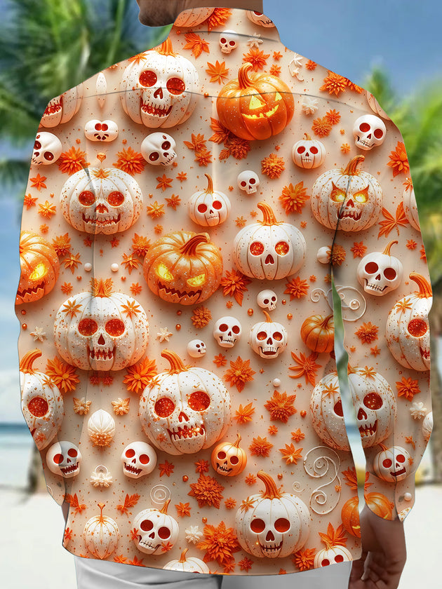Adaychic Men's Printed Halloween Skull Pumpkins Print Long Sleeve Shirt with Chest Pocket