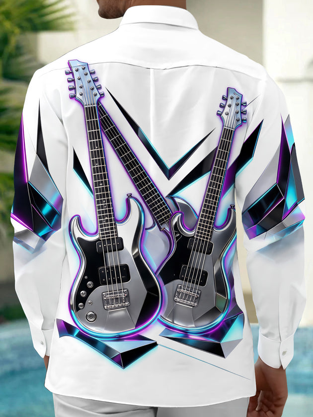 Adaychic Men's Long Sleeve Shirt - Electric Guitars With Neon Geometric Background Print with Chest Pocket