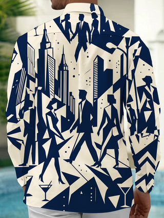 Adaychic Men's Printed Geometric City Skyline Print Long Sleeve Shirt with Chest Pocket