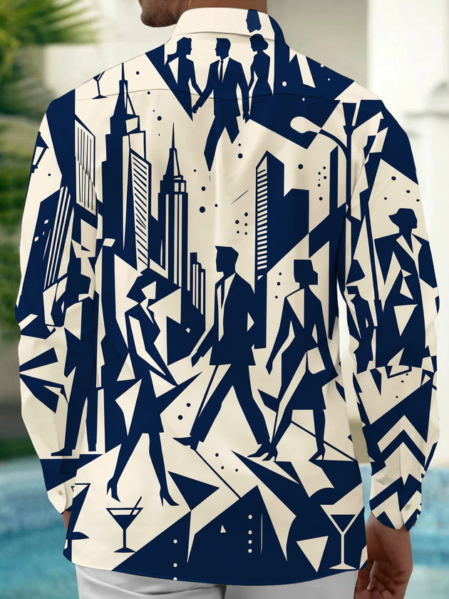 Adaychic Men's Printed Geometric City Skyline Print Long Sleeve Shirt with Chest Pocket