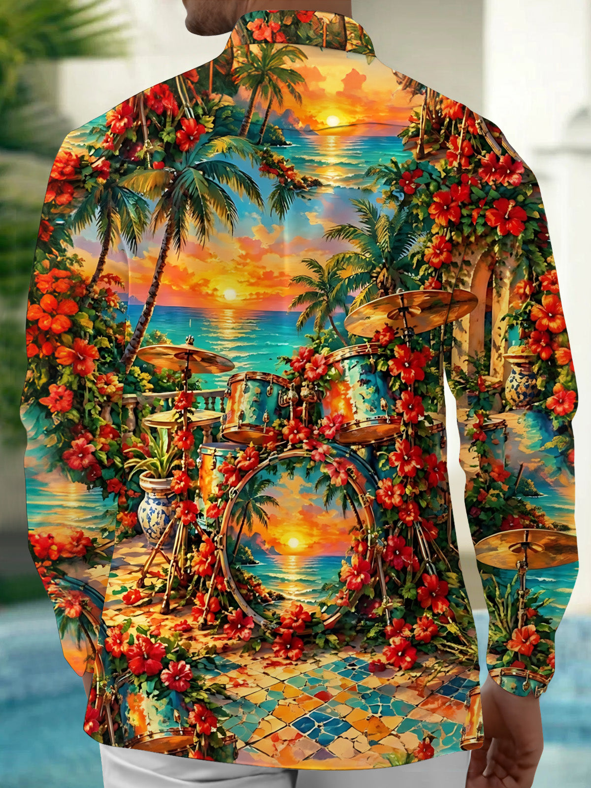 Adaychic Men's Hawaiian Drum Set And Tropical Sunset Print Long Sleeve Shirt with Chest Pocket