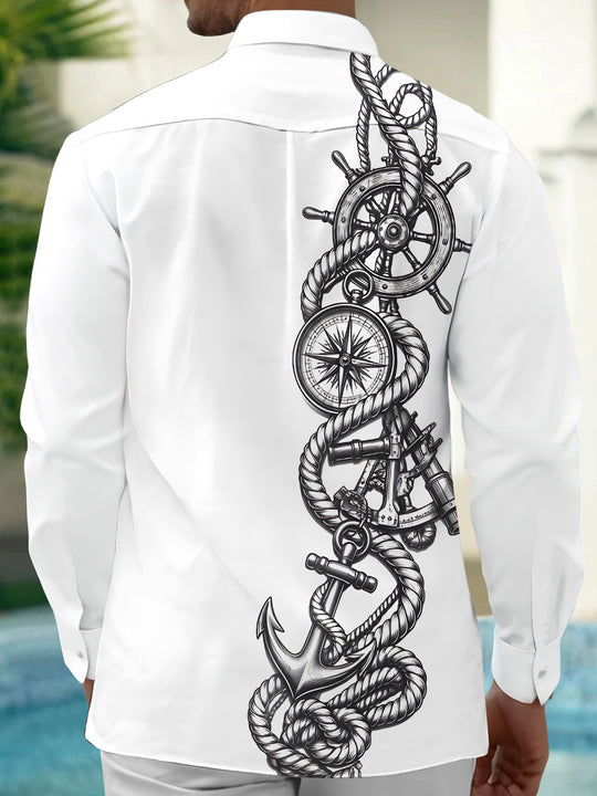 Adaychic Men's Nautical Rope And Compass With Anchor Print Long Sleeve Shirt with Chest Pocket