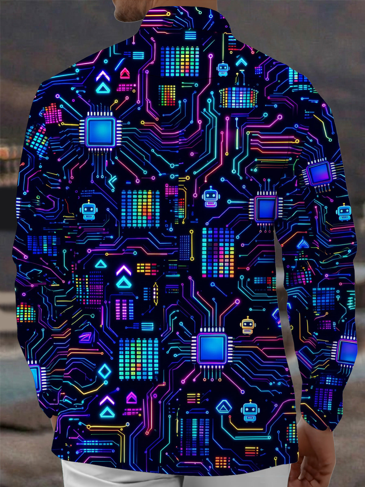 Adaychic Men's Retro Neon Circuit Board And Robot Icons Print Long Sleeve Shirt with Chest Pocket
