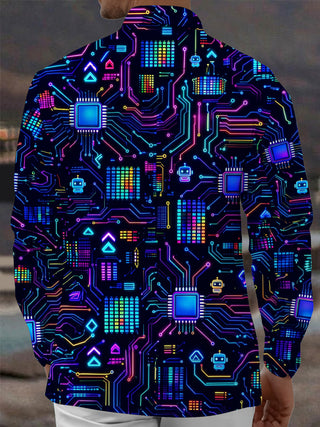 Adaychic Men's Retro Neon Circuit Board And Robot Icons Print Long Sleeve Shirt with Chest Pocket