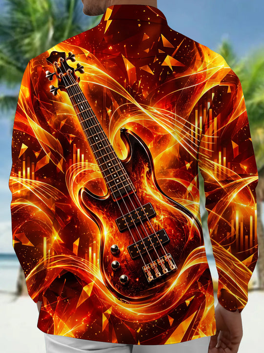 Adaychic Men's Electric Bass Guitar With Musical Waves Print Long Sleeve Shirt with Chest Pocket