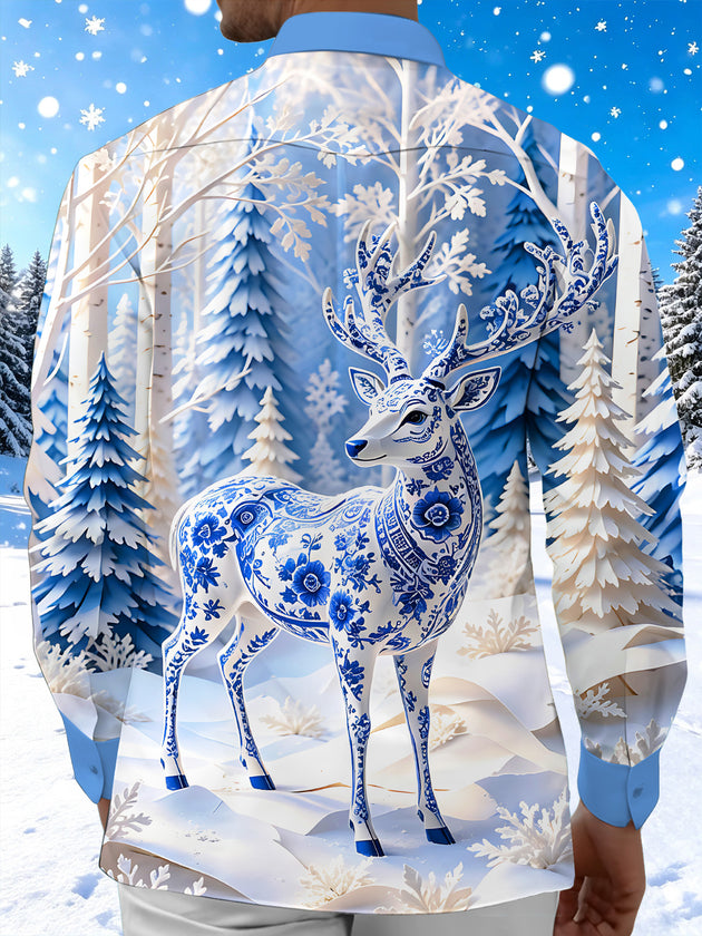 Adaychic Men's Graphic Blue And White Porcelain Elk Print Long Sleeve Shirt with Chest Pocket