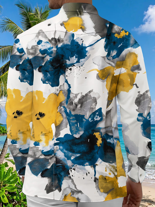 Adaychic Men's Printed Ink Wash Abstract Blooms Print Long Sleeve Shirt with Chest Pocket
