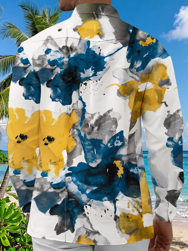 Adaychic Men's Printed Ink Wash Abstract Blooms Print Long Sleeve Shirt with Chest Pocket
