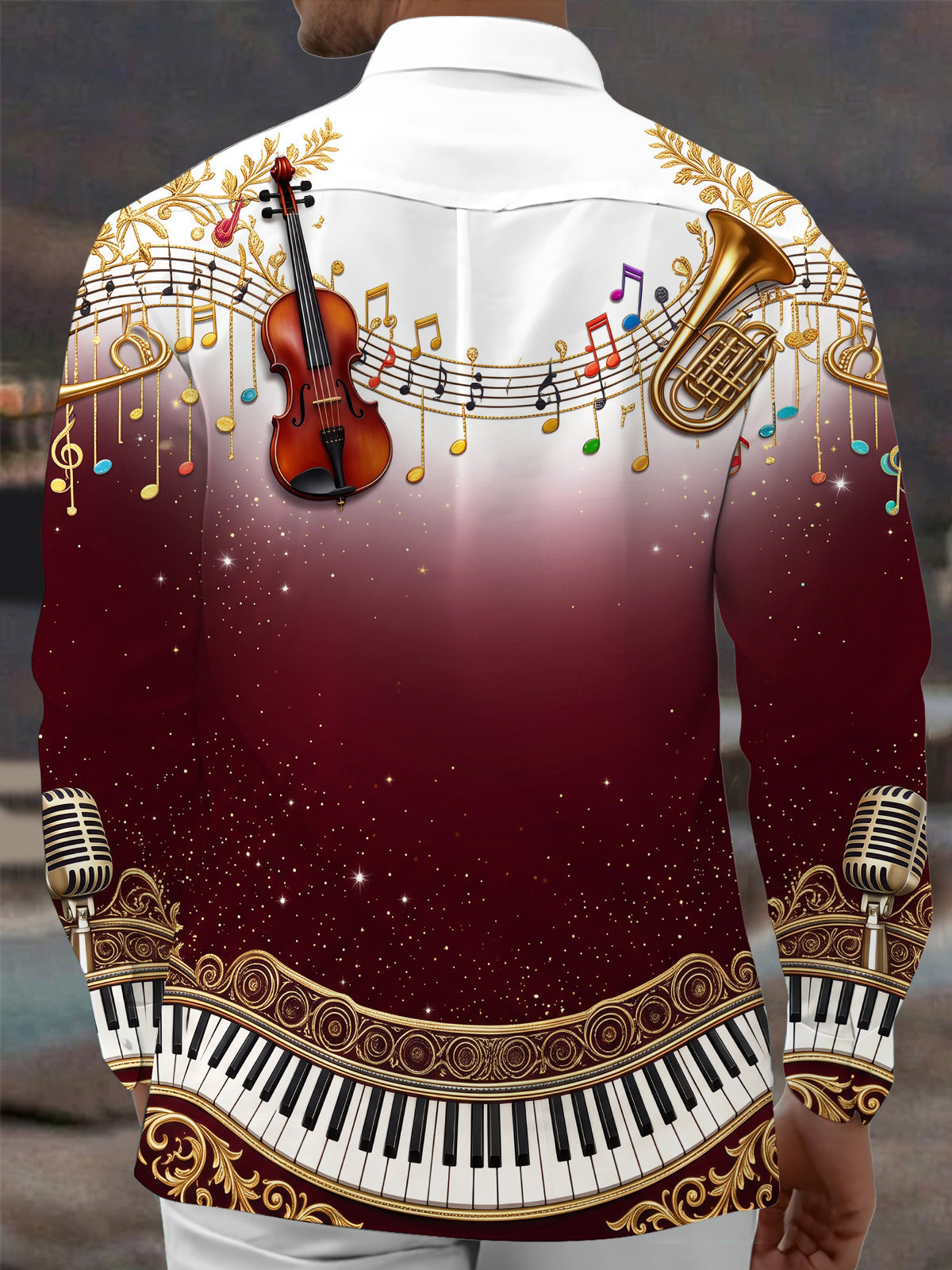 Adaychic Men's Graphic Musical Instruments And Notes Print Long Sleeve Shirt with Chest Pocket