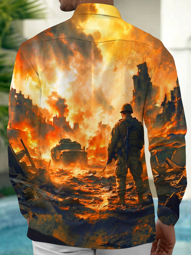 Adaychic Men's Soldier And Armored Vehicle In War Ruins Print Long Sleeve Shirt with Chest Pocket