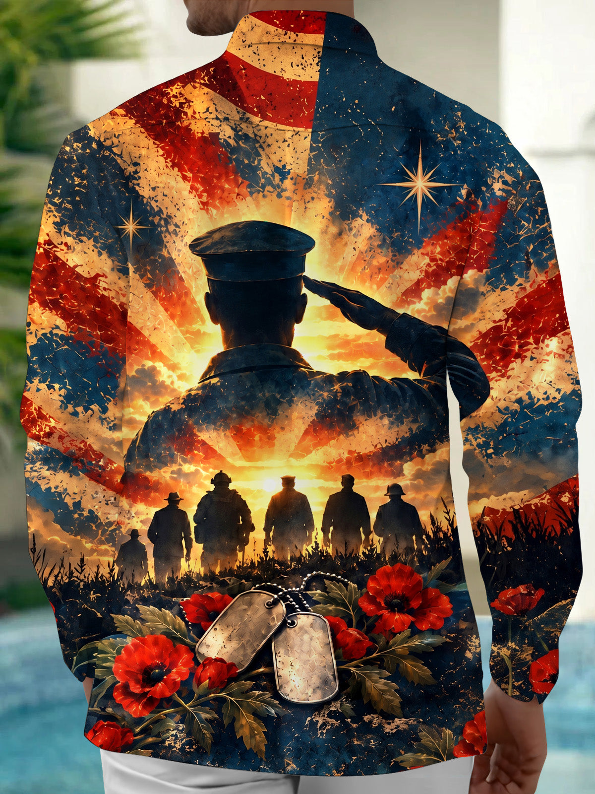 Adaychic Men's Long Sleeve Shirt - Veterans Day Soldier Silhouette Saluting With American Flag Background Print with Chest Pocket
