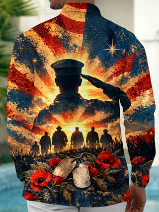 Adaychic Men's Long Sleeve Shirt - Veterans Day Soldier Silhouette Saluting With American Flag Background Print with Chest Pocket