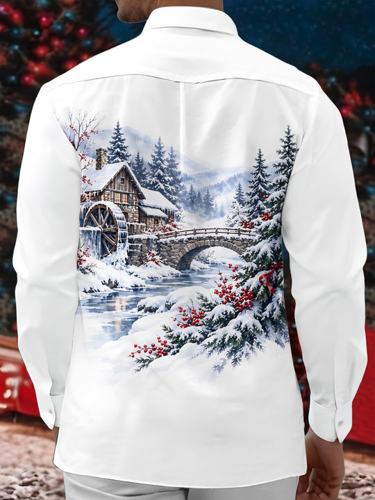 Adaychic Men's Long Sleeve Shirt - Winter Snowy Landscape With Wooden House And Waterwheel Print with Chest Pocket