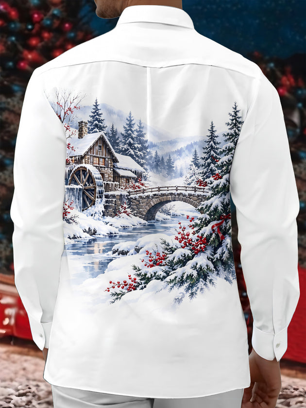 Adaychic Men's Long Sleeve Shirt - Winter Snowy Landscape With Wooden House And Waterwheel Print with Chest Pocket