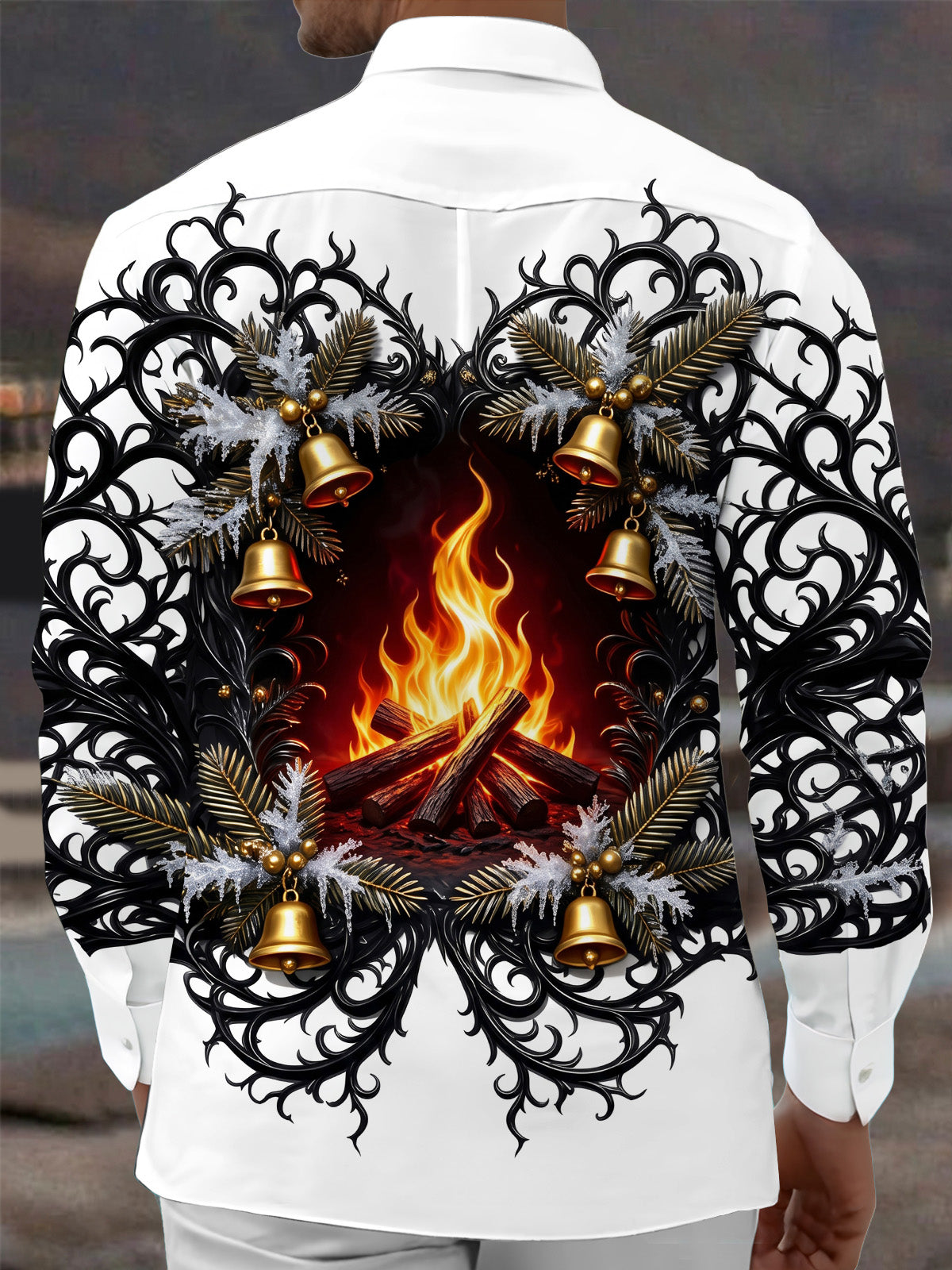 Adaychic Men's Printed Christmas Bonfire And Bells Print Long Sleeve Shirt with Chest Pocket