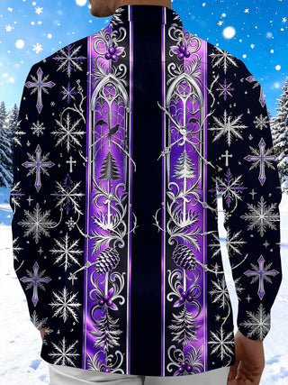 Adaychic Men's Long Sleeve Shirt - Gothic Church Window Patterns With Snowflakes And Crosses Print with Chest Pocket