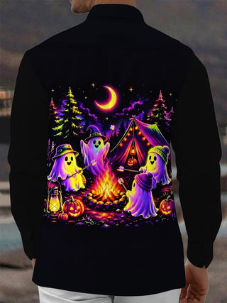Adaychic Men's Graphic Halloween Ghost Camping Print Long Sleeve Shirt with Chest Pocket
