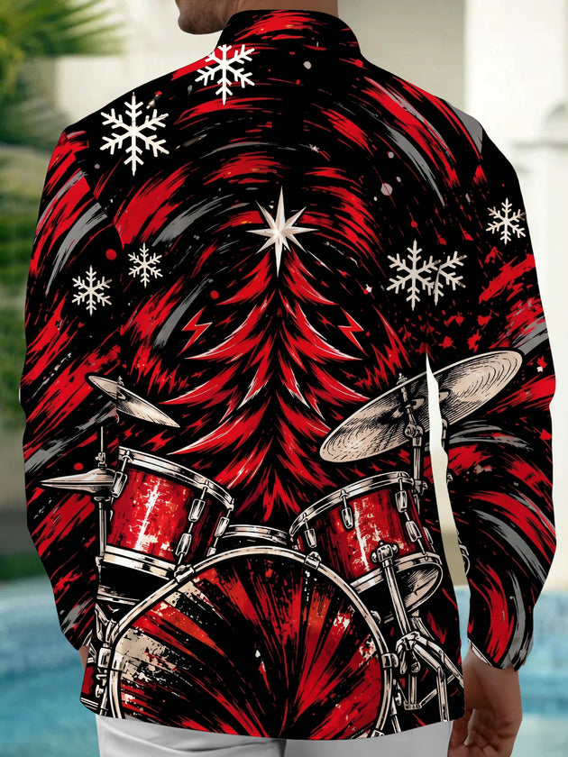 Adaychic Men's Graphic Christmas Tree And Drum Set Print Long Sleeve Shirt with Chest Pocket