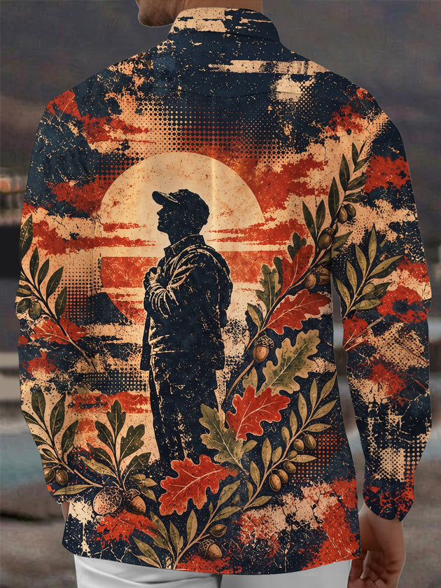 Adaychic Men's Long Sleeve Shirt - Veterans Day Soldier Silhouette And Autumn Leaves Print with Chest Pocket