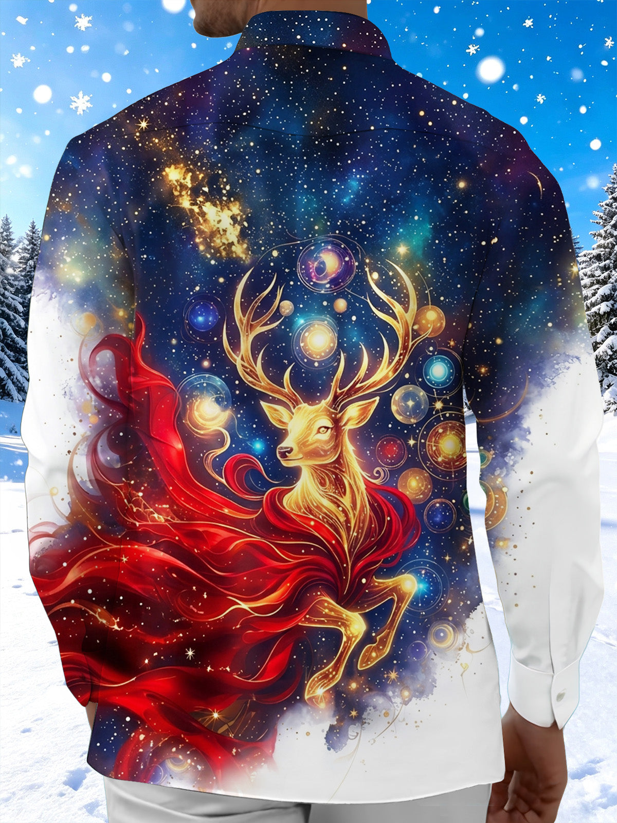 Adaychic Men's Golden Deer With Cosmic Background Print Long Sleeve Shirt with Chest Pocket