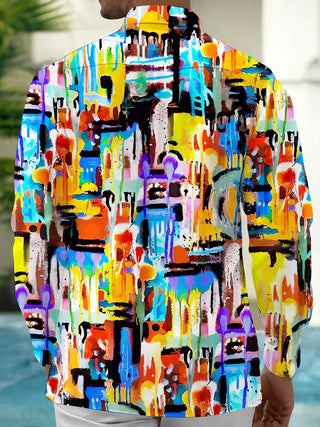 Adaychic Men's Tie Dye Colorful Paint Drip Print Long Sleeve Shirt with Chest Pocket
