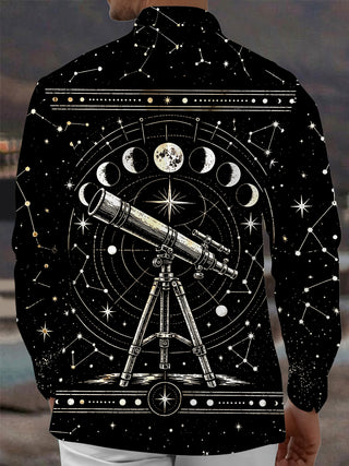 Adaychic Men's Astronomical Telescope And Moon Phases Print Long Sleeve Shirt with Chest Pocket