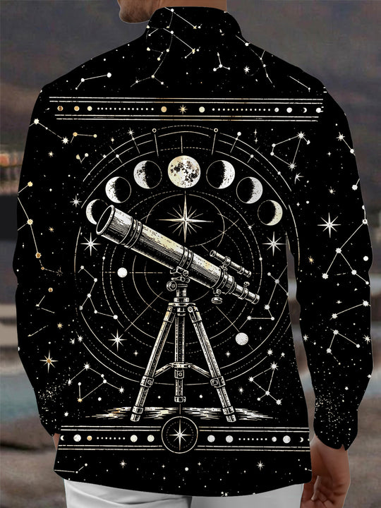 Adaychic Men's Astronomical Telescope And Moon Phases Print Long Sleeve Shirt with Chest Pocket