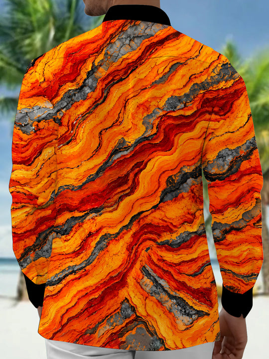Adaychic Men's Abstract Wavy Lava And Rock Pattern Long Sleeve Shirt with Chest Pocket