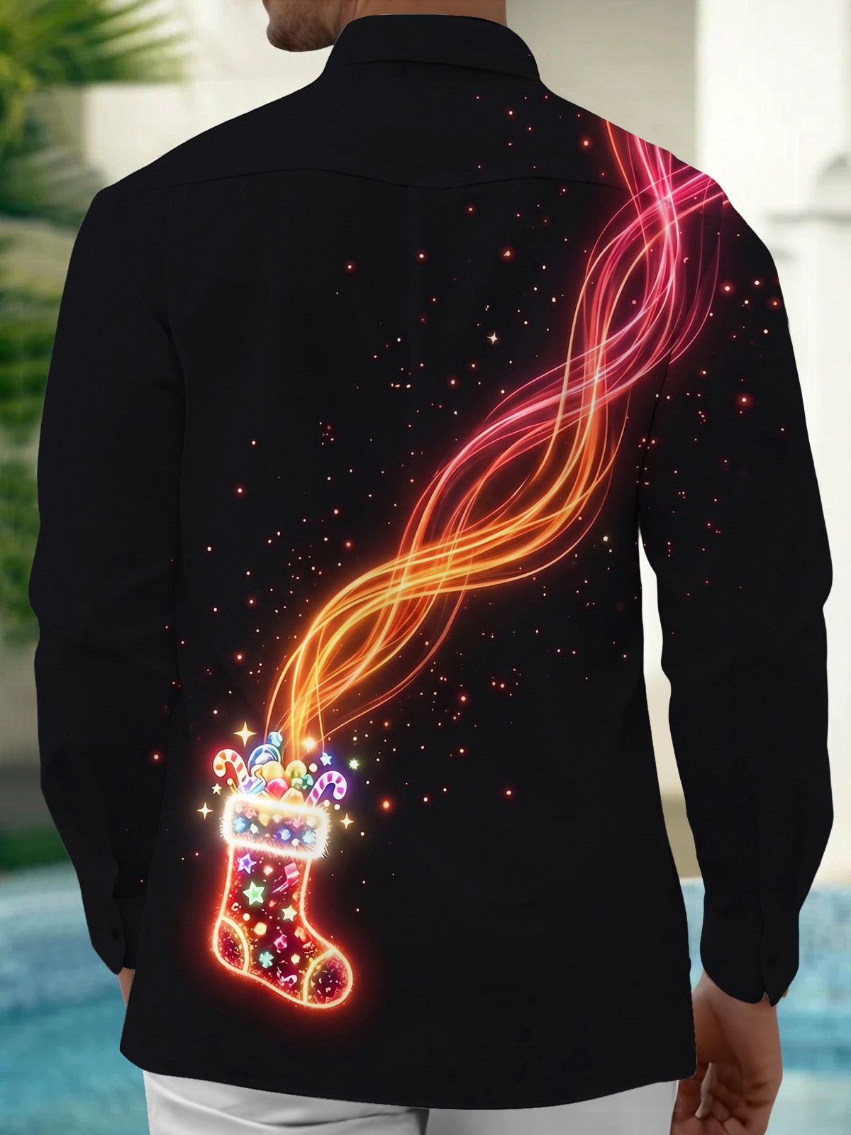 Adaychic Men's Graphic Neon Christmas Stocking Print Long Sleeve Shirt with Chest Pocket