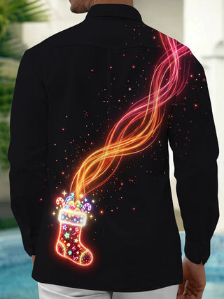 Adaychic Men's Graphic Neon Christmas Stocking Print Long Sleeve Shirt with Chest Pocket