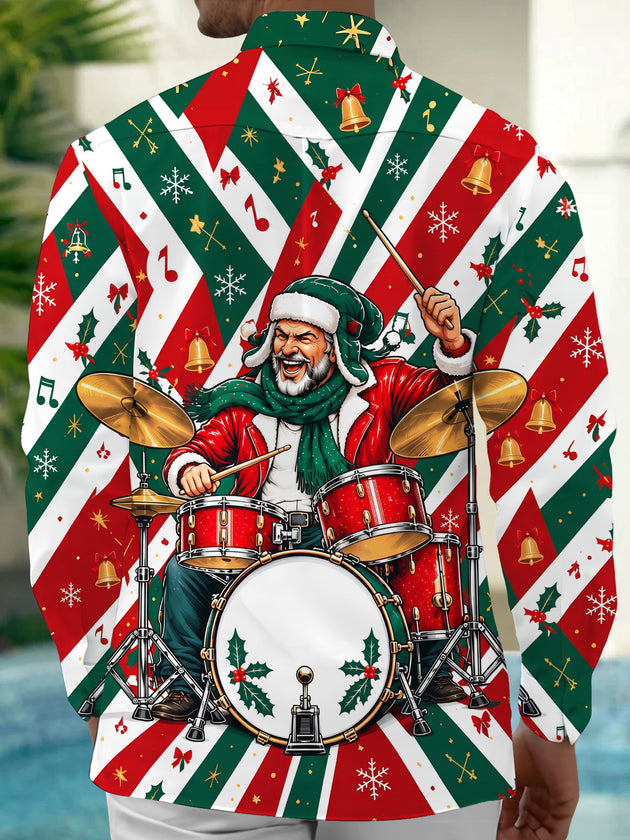Adaychic Men's Graphic Santa Claus Playing Drum Set Print Long Sleeve Shirt with Chest Pocket