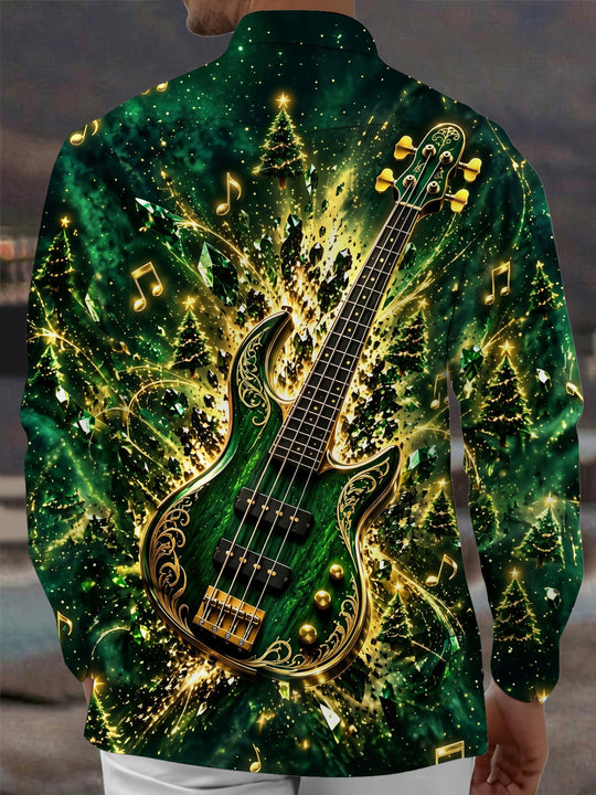 Adaychic Men's Printed Bass Guitar And Christmas Trees Print Long Sleeve Shirt with Chest Pocket