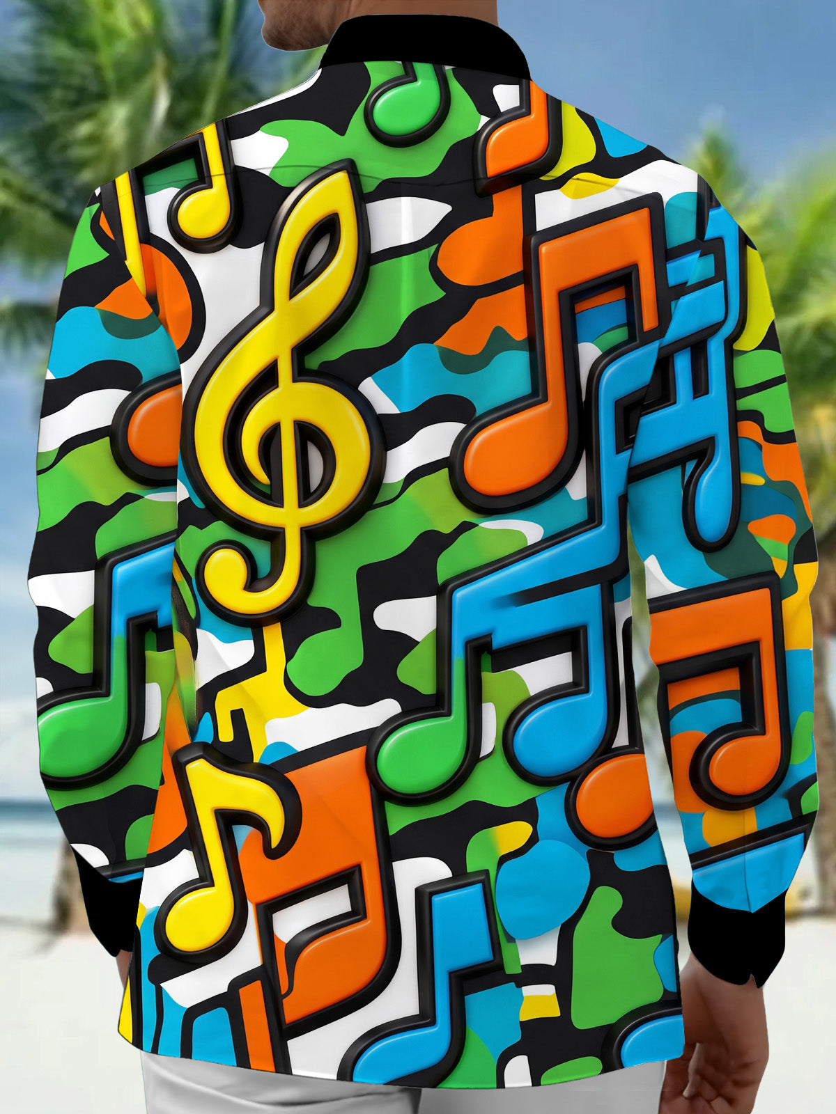 Adaychic Men's Graphic 3D Musical Notes And Treble Clef Print Long Sleeve Shirt with Chest Pocket