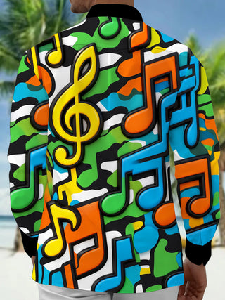 Adaychic Men's Graphic 3D Musical Notes And Treble Clef Print Long Sleeve Shirt with Chest Pocket