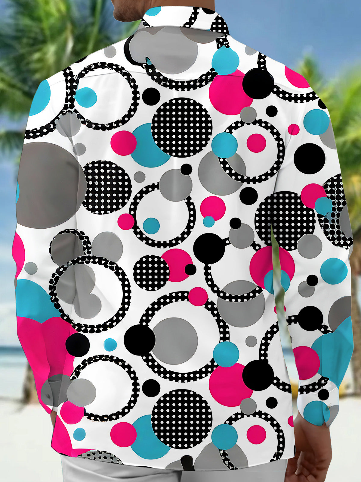 Adaychic Men's Patterned Colorful Polka Dot Circles Print Long Sleeve Shirt with Chest Pocket
