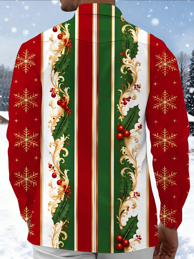 Adaychic Men's Printed Christmas Snowflakes Print Long Sleeve Shirt with Chest Pocket