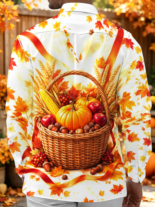 Adaychic Men's Long Sleeve Shirt - Harvest Autumn Harvest Basket With Pumpkins Apples And Wheat Print with Chest Pocket