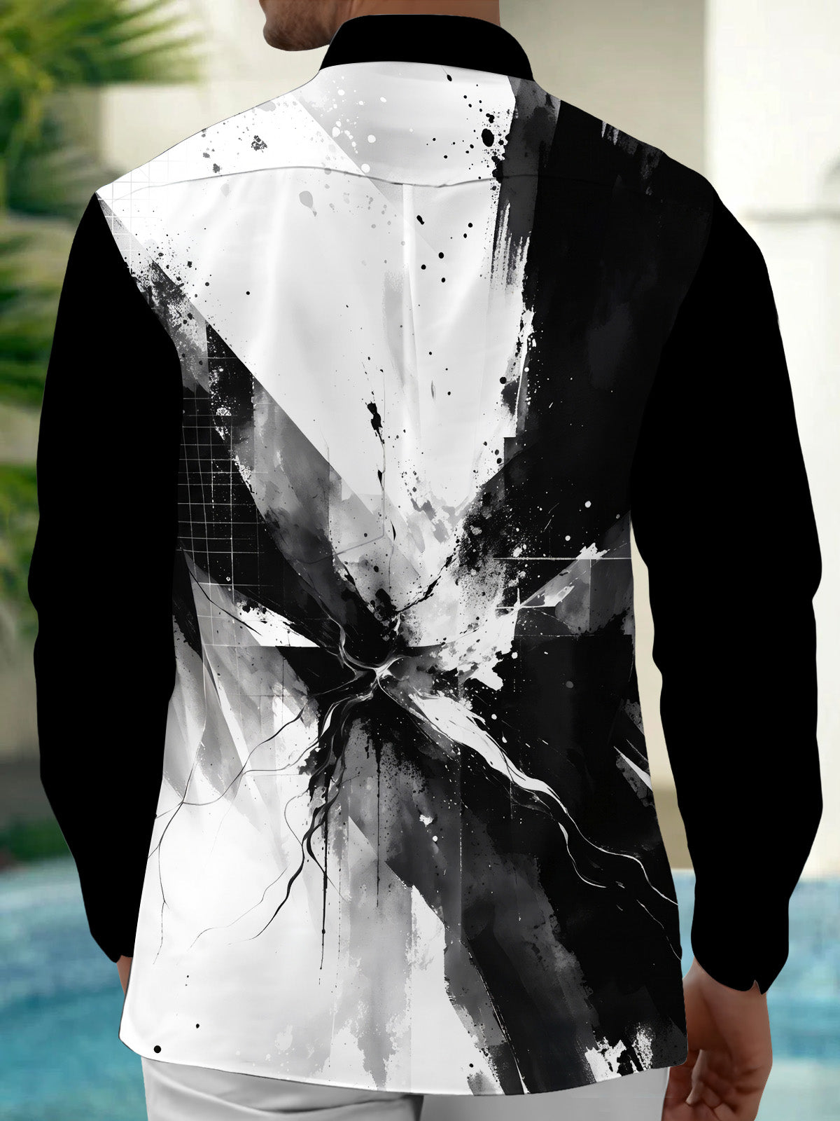 Adaychic Men's Long Sleeve Shirt - Abstract Black And White Ink Splatter With Geometric Grid Print with Chest Pocket