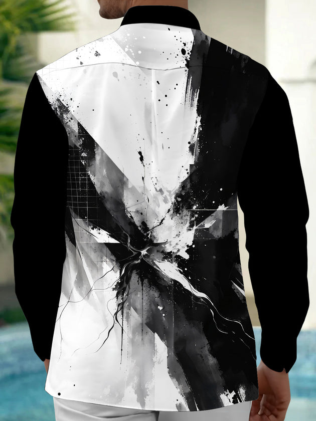 Adaychic Men's Long Sleeve Shirt - Abstract Black And White Ink Splatter With Geometric Grid Print with Chest Pocket