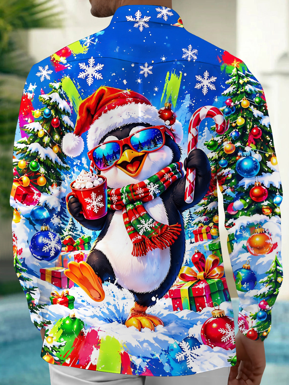 Adaychic Men's Long Sleeve Shirt - Christmas Penguin With Santa Hat And Sunglasses Print with Chest Pocket