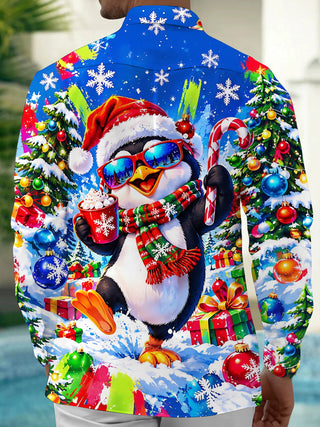Adaychic Men's Long Sleeve Shirt - Christmas Penguin With Santa Hat And Sunglasses Print with Chest Pocket
