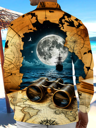 Adaychic Men's Vintage Style Vintage Map Print Long Sleeve Shirt with Chest Pocket